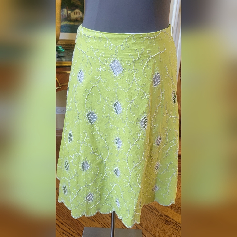Basil & Maude Hand Beaded Embellished A-line Skirt Green White Beaded Lined Sz 8